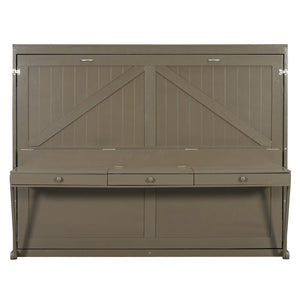 English Elm Queen Murphy Bed Cabinet with Vanity Desk Hydraulic Lift Mirror Distressed Finish Gray LP000766AAE-1