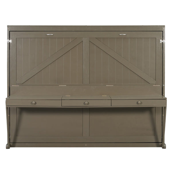 English Elm Queen Murphy Bed Cabinet with Vanity Desk Hydraulic Lift Mirror Distressed Finish Gray LP000766AAE-1