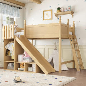 English Elm Twin Loft Bed Solid Pine Frame with Wardrobe Shelving Detachable Slide Kids Room Natural W5305S00017