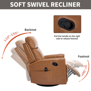 English Elm Orange Genuine Leather Massage Rocking Swivel Recliner with Lumbar Heat for Living Room W1803P323715