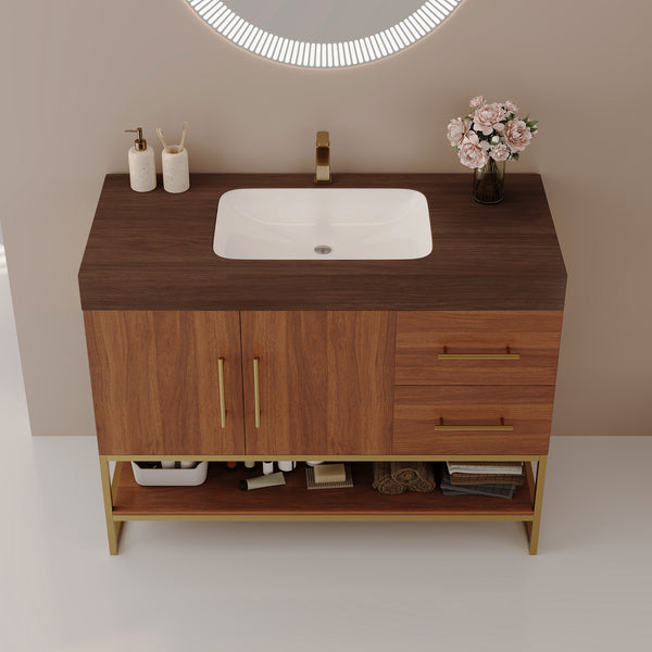 English Elm 36" Freestanding Bathroom Vanity Sintered Stone Top Integrated Basin Gold Hardware W3136S00058