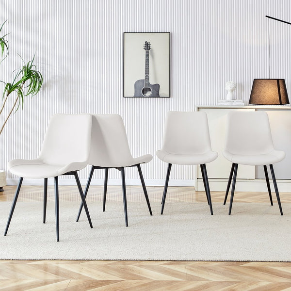 English Elm White faux leather dining chairs set of 4 with curved widened cushions, black metal legs, easy-clean comfort W1151P346458