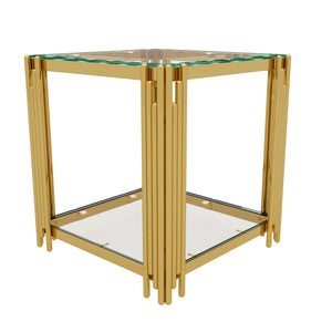 English Elm Modern Glam Rectangular Coffee Table with Mirrored Top Gold Sculptural Frame Open Shelf Transparent N735P380101K