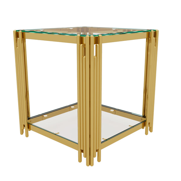 English Elm Modern Glam Rectangular Coffee Table with Mirrored Top Gold Sculptural Frame Open Shelf Transparent N735P380101K