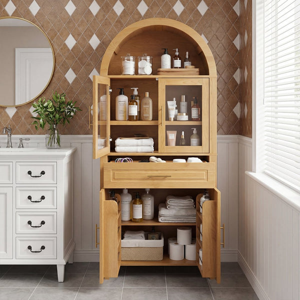 English Elm 71" Arched Glass Barn Door Pantry Cabinet Farmhouse Mdf Storage for Kitchen Dining Oak W2917S00017