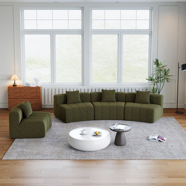 English Elm Two Curved Chenille Sectional Sofa with Sculptural Modular Design and Four Throw Pillows Green W834S00577