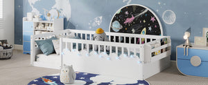 English Elm Twin Montessori Floor Bed Frame with High Rails and Built-In Light Shelf for Safe Independent Sleep White 79.13 L x 13 W x 6.3 H W2593P333565