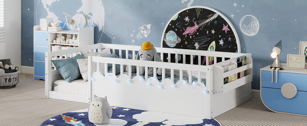 English Elm Twin Montessori Floor Bed Frame with High Rails and Built-In Light Shelf for Safe Independent Sleep White 79.13 L x 13 W x 6.3 H W2593P333565