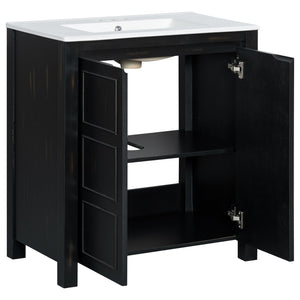 English Elm 30" Rustic Bathroom Vanity Espresso with Ceramic Sink, Soft-Close Doors, Adjustable Shelves, Open-Back Plumbing-Friendly Storage N729P290712P