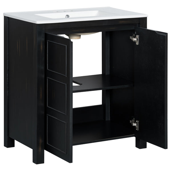 English Elm 30" Rustic Bathroom Vanity Espresso with Ceramic Sink, Soft-Close Doors, Adjustable Shelves, Open-Back Plumbing-Friendly Storage N729P290712P