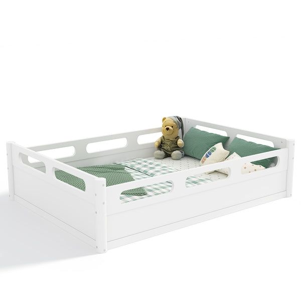 English Elm Twin Low Profile Floor Bed with Guardrails Pine Wood Frame Minimalist Bedroom White W1580P438792
