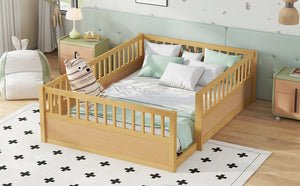 English Elm Full Montessori Floor Bed Frame with Fence for Kids — Pine Play & Reading Space, Sturdy Low Profile Natural W1580P307884