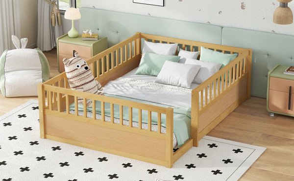 English Elm Full Montessori Floor Bed Frame with Fence for Kids — Pine Play & Reading Space, Sturdy Low Profile Natural W1580P307884