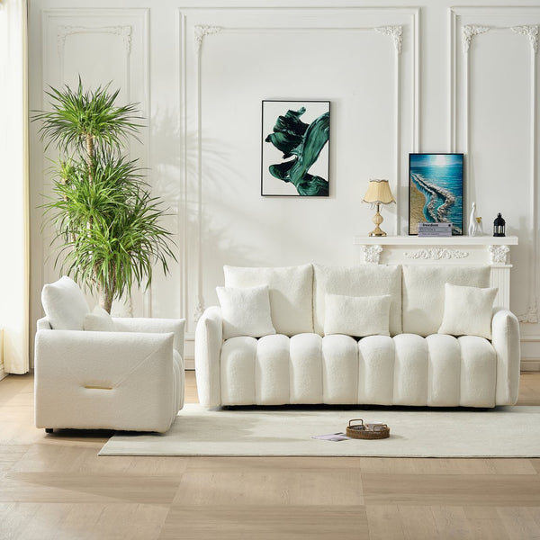 English Elm 80.7 Inch Plush Teddy Velvet 3 Seat Sofa Solid Wood Frame with Six Included Cushions Off White W2564S00068