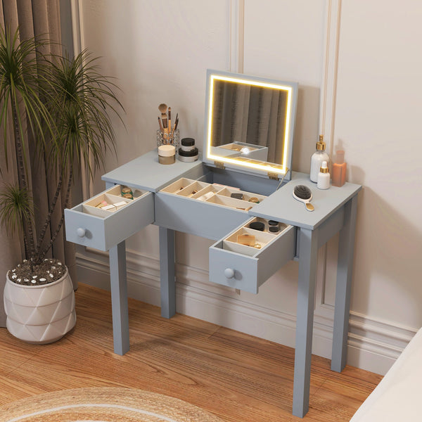 English Elm Multifunctional Vanity Desk with Flip-Top Mirror, 3-Level LED Lighting, Ample Storage for Small Spaces Grey W760P152317