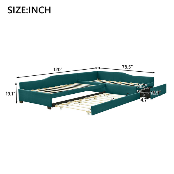 English Elm Upholstered Twin Daybed with Pull Out Trundle Linen Blend Sofa Style Studio Bed Green GX001316AAF