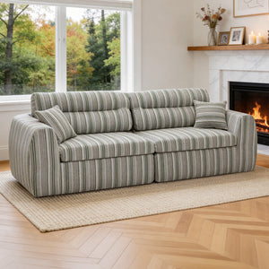 English Elm Chenille Stripe Velvet Sofa Three Seat Minimalist Upholstered Couch for Living Room Sage Green,White+Green W5532S00015