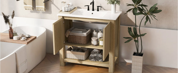 English Elm Christopher Knight Home® - 36" Modern Wall-Mounted Bathroom Vanity with Ceramic Sink, Soft-Close Doors, Fluted Accent & Open Shelves Antique Natural N817P245321N
