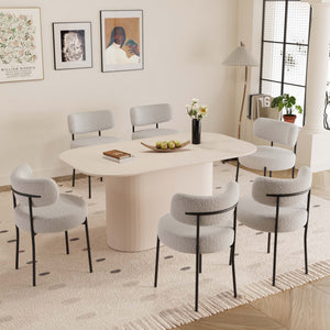 English Elm 63" Cream Mdf Dining Table Set With 6 Circular Cushioned Chairs - Mid-Century Modern Elegance & Comfort W2189S00708