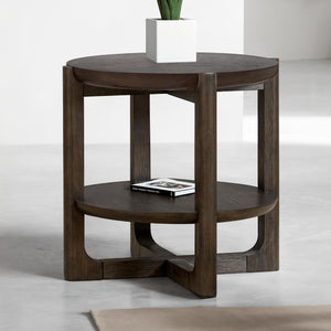 English Elm Transitional End Table With Trestle Base | Wire-Brushed Dark Walnut, Open Shelf For Storage & Style B2741P404270-GIGA