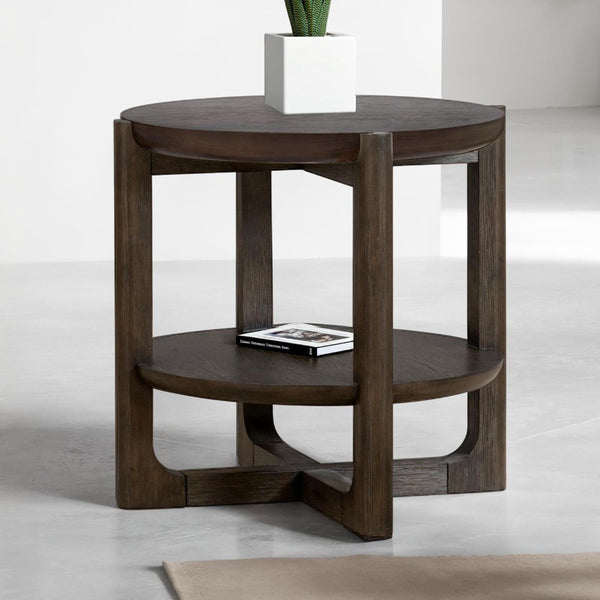 English Elm Transitional End Table With Trestle Base | Wire-Brushed Dark Walnut, Open Shelf For Storage & Style B2741P404270-GIGA
