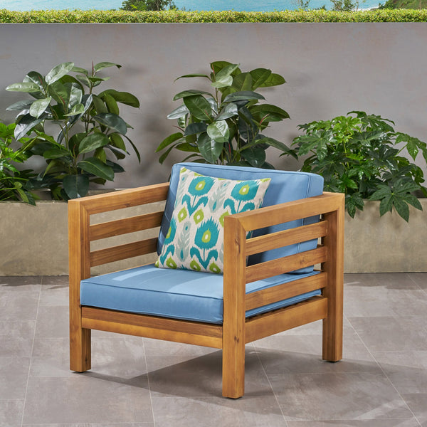 English Elm Christopher Knight Home® - OANA Outdoor Club Chair with Acacia Wood Frame, Removable Cushions, Slatted Design for Quick Drying Pecan+Blue 65546.00BLU