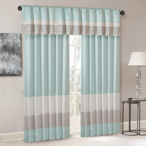 JLA Home Madison Park - Polyoni Pintuck Valance with Lined Color‑Block Stripes for Soft Light Diffusion and Tailored Texture Aqua MP41-4378