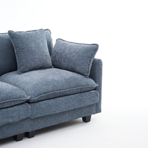 English Elm Beige Chenille Sectional Sofa with Modular Ottoman for Living Room or Studio Blue W2603S00007
