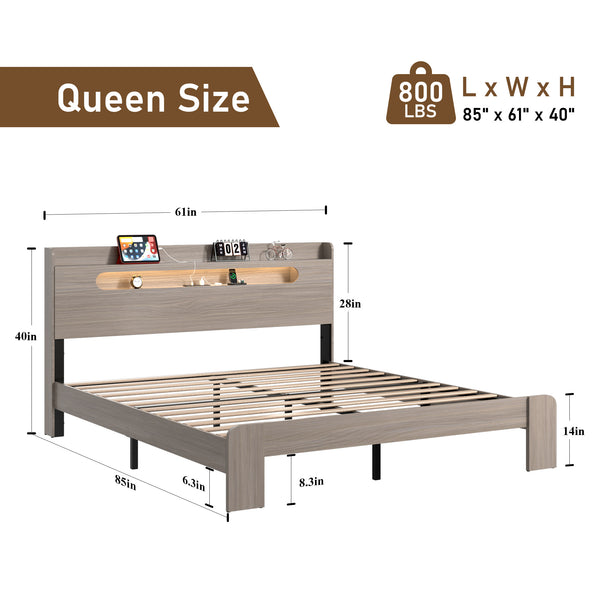 English Elm Bed Frame Queen Size - Modern Wood Platform With Led Headboard, Usb Ports & Spacious Under-Bed Storage W636P210857