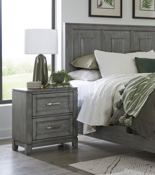 English Elm Gray Garretson Nightstand with 2 Drawers, Okume Veneer Gray Finish, Metal Bar Hardware, 24x15.5x27.5" B011P272289