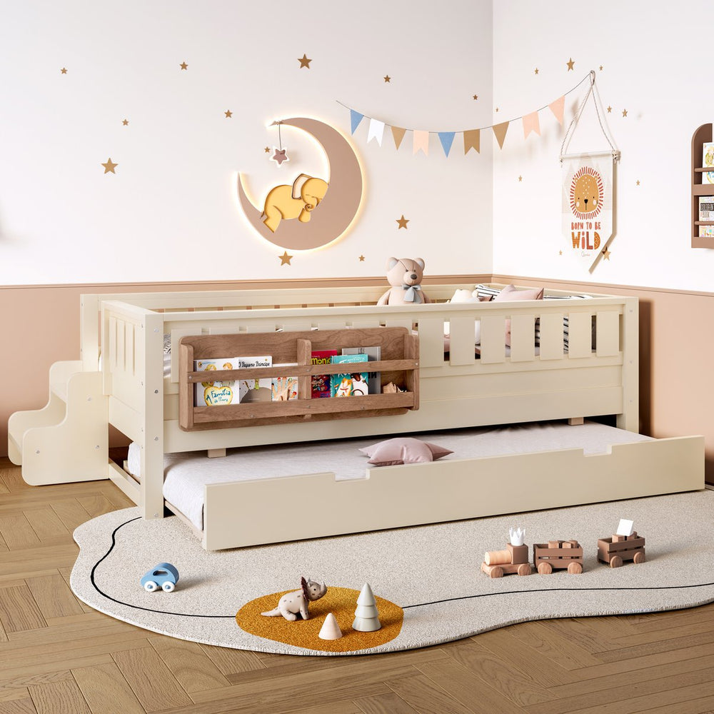 English Elm Twin Kids Platform Bed with Trundle Staircase Bookshelf and Rounded Safety Rails Beige W1580S00556