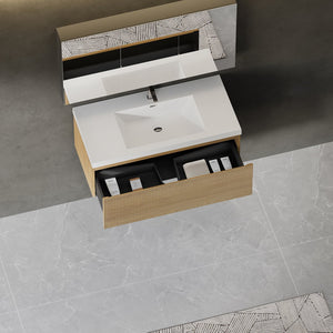 English Elm 42'' Floating Vanity Smoked Walnut Fluted Ink Black Drawer Soft Close Quartz Basin Oak Natural Wood + Off White W1573P265200