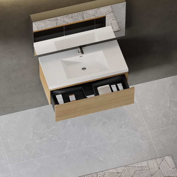 English Elm 42'' Floating Vanity Smoked Walnut Fluted Ink Black Drawer Soft Close Quartz Basin Oak Natural Wood + Off White W1573P265200
