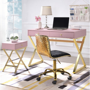 English Elm Rectangular Industrial Wooden Top End Table with Weathered Oak Finish and Sturdy Metal Legs Gold,Pink B016P311132