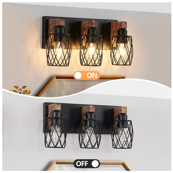 English Elm 18" Industrial Vintage 3-Light Wall Sconce Black Cage with Walnut Wood Accents for Bath Hallway W2312P374837