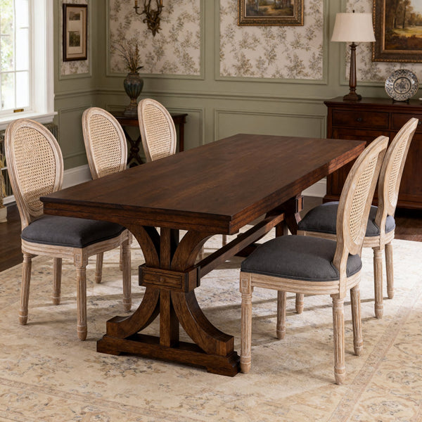 English Elm Dining Chairs Set of 2 Grey French Country Rattan Upholstered Round Back Solid Wood Legs, Cozy Classic Elegance for Dining Room, Kitchen, Living (Grey) W3426P397368