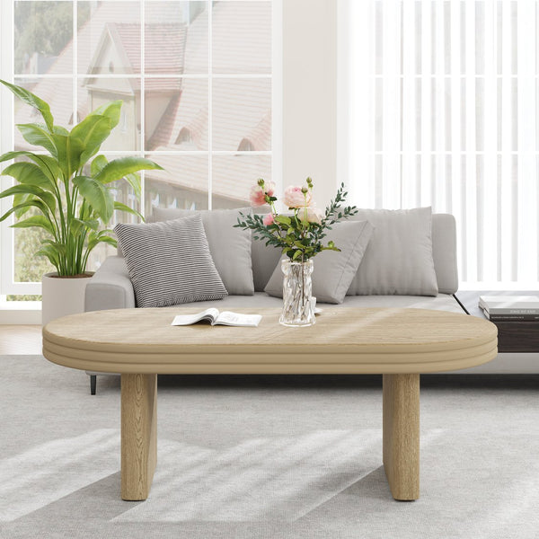 English Elm Mid Century Modern Oval Fluted Coffee Table with Wood Veneer for Living Room Natural W757P370240