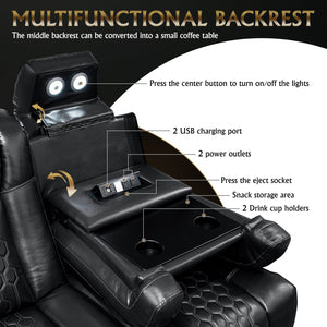 English Elm 86.6"power Recliner Set Genuine Nappa Leather Home Theater Rgb Lighting Usb Charging Black W3819S00091