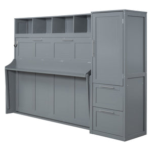 English Elm Queen Murphy Wall Bed with Integrated Wardrobe and Drawers for Studio or Guest Room Gray LP000793AAE-2