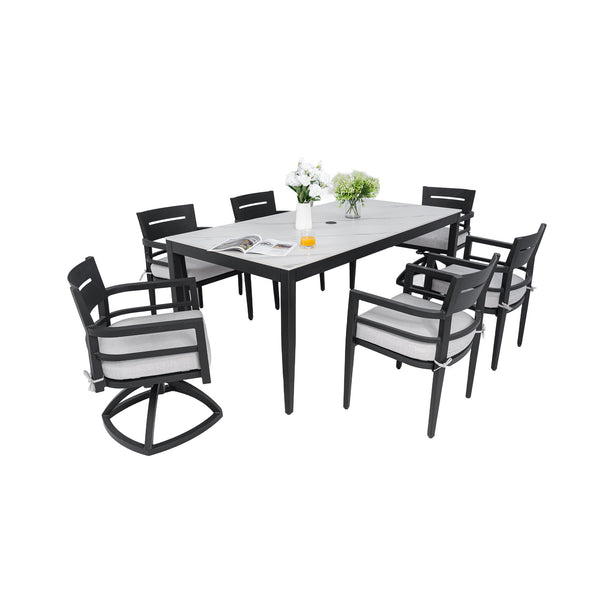 English Elm Modern 7Pc Outdoor Aluminum Dining Set - Sleek Marble-Top Table, 4 Chairs & 2 Swivel Rockers Included W1886S00018