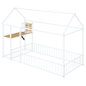 English Elm Twin House Bed Frame with Roof & Fence, Metal Twin Loft with Built-In Desk Shelves USB Outlets White N737P173490K