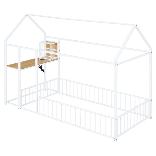 English Elm Twin House Bed Frame with Roof & Fence, Metal Twin Loft with Built-In Desk Shelves USB Outlets White N737P173490K