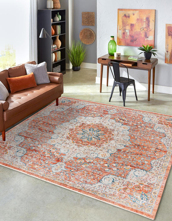 Unique Loom Newport Elms Machine Made Medallion Rug Red, Ivory/Light Blue/Terracotta/Rust Red 10' 2" x 10' 2"