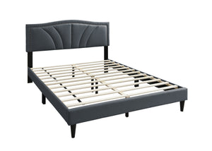 English Elm Modern Queen Burlap Platform Bed with Curved Tufted Headboard, Nailhead Trim and Sturdy Slat Base Charcoal 67 L x 31 W x 6 H B011P238960