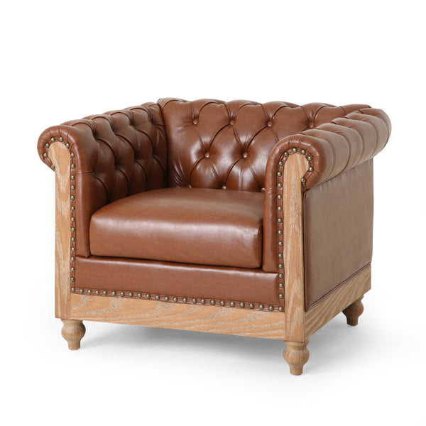English Elm Christopher Knight Home® - CLUB Club Chair Chesterfield-Inspired Tufted PU Upholstery with Nailhead Trim, Scrolled Arms, Turned Legs Light Brown 39.25 L x 34.25 W x 25 H 72069.00COGN