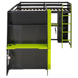 English Elm L-shaped Gaming Loft Bunk Bed Twin Wood Frame Rgb Lighting Usb Ports Storage Shelves Green LT000295AAG