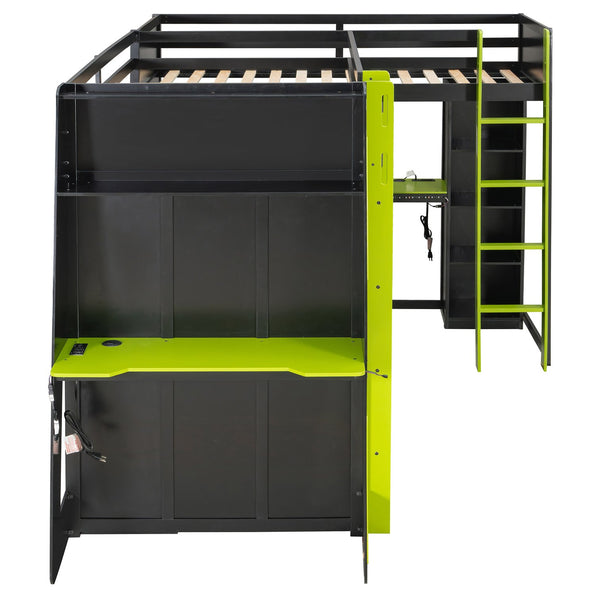 English Elm L-shaped Gaming Loft Bunk Bed Twin Wood Frame Rgb Lighting Usb Ports Storage Shelves Green LT000295AAG