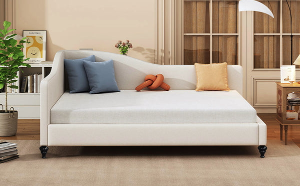 English Elm Full Size L-shaped Linen Upholstered Daybed with Solid Wood Legs for Corner Lounging Beige SF100146AAA-1