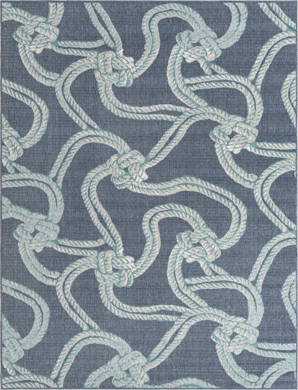 Unique Loom Outdoor Coastal Tethered Machine Made Solid Print Rug Navy Blue, Ivory/Gray/Green 7' 10" x 10' 0"