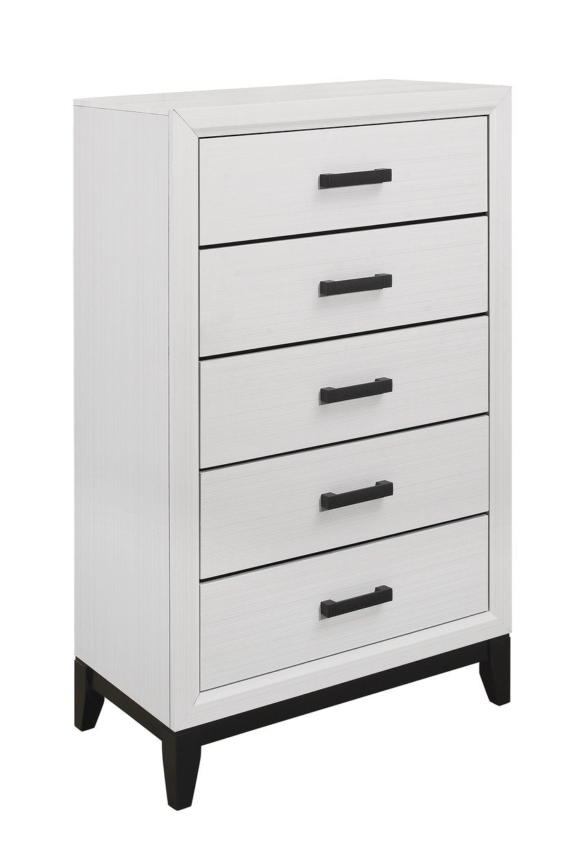 English Elm MIRAGE Solid Wood Chest with 5 Smooth-Glide Drawers, Durable MDF Build and Matte Black Hardware White 33.31 L x 18.58 W x 48.74 H B201P226179